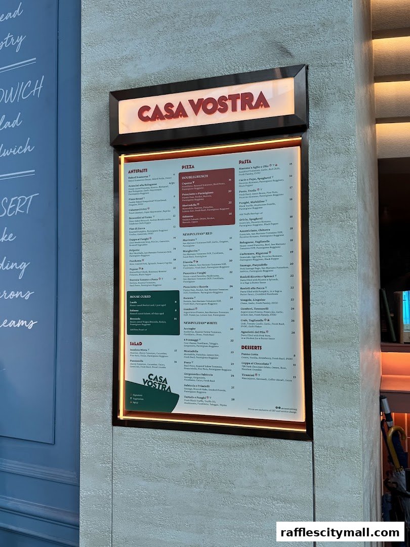 A menu board for Casa Vostra, featuring antipasti, pizza, pasta, salad, and desserts.