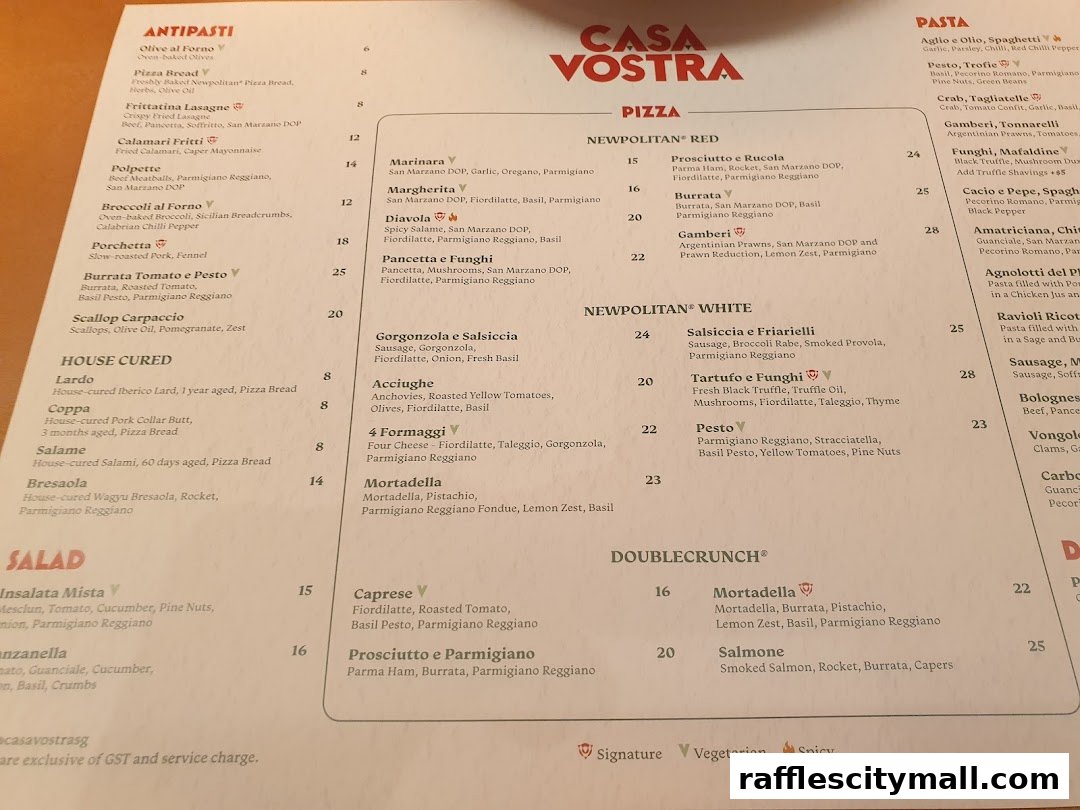 A menu from Casa Vostra featuring antipasti, pizza, pasta, and salad dishes.