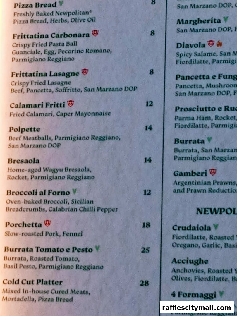 A close-up view of a restaurant menu with Italian dishes and prices.