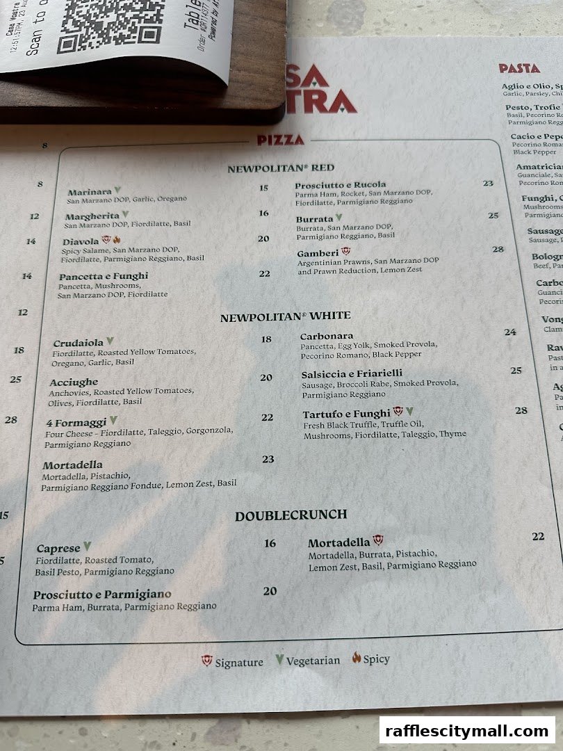 A menu from Casa Vostra featuring pizzas, pastas, and other Italian dishes.