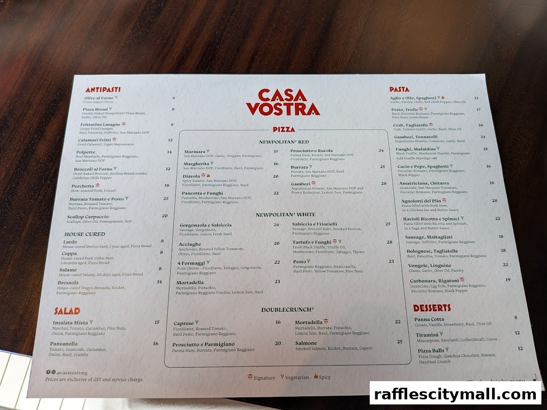A menu from Casa Vostra featuring antipasti, pizza, pasta, and desserts.