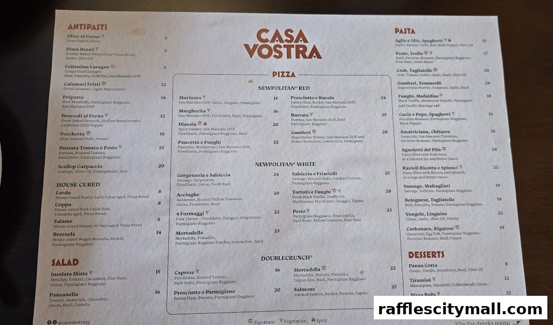 A menu from Casa Vostra featuring Antipasti, Pizza, Pasta, and Desserts.