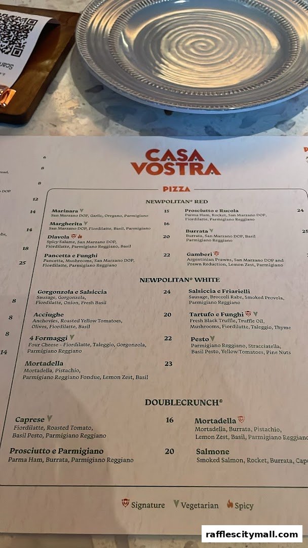 A menu from Casa Vostra featuring Neapolitan pizzas with various toppings and ingredients.