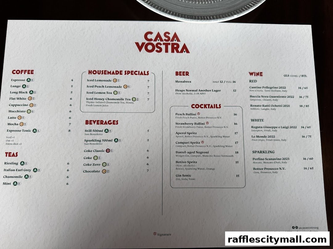 A menu from Casa Vostra featuring coffee, teas, housemade specials, beverages, beer, wine, and cocktails.