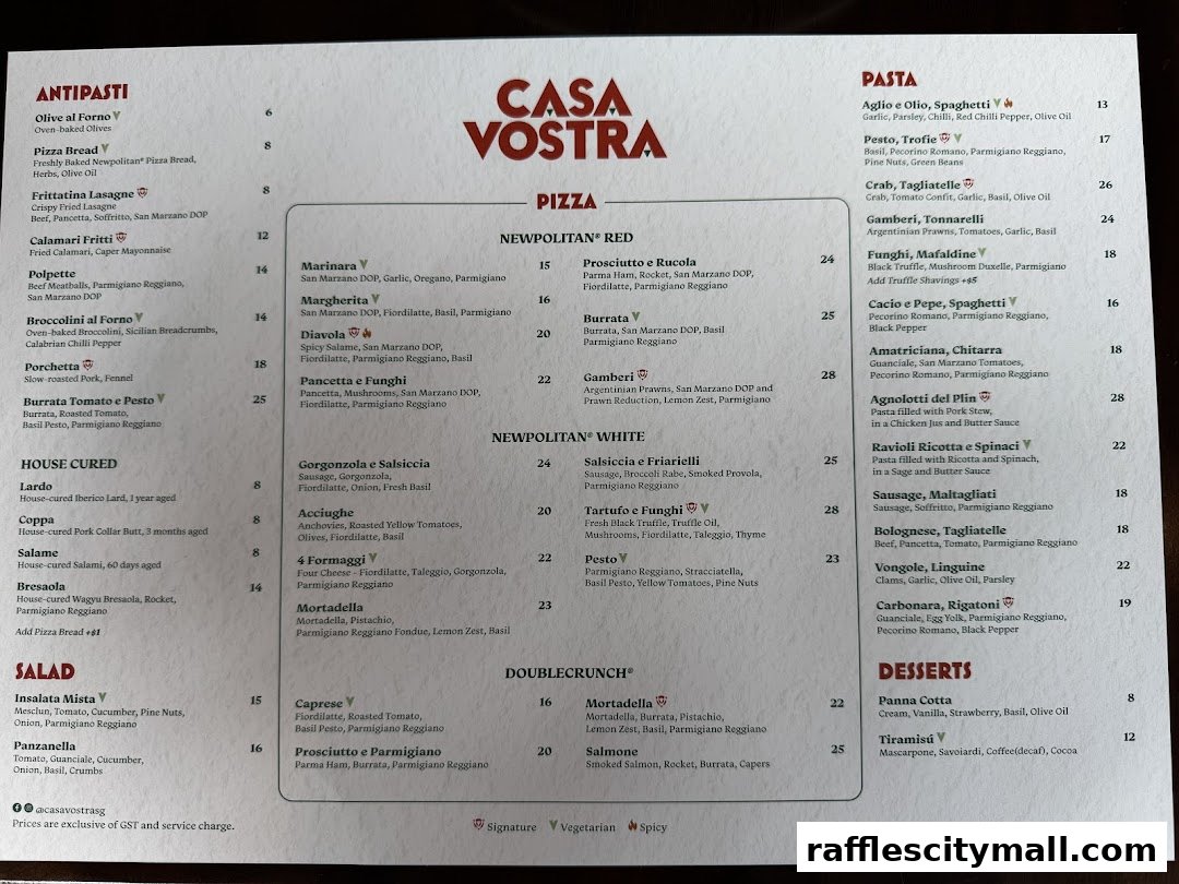 A menu from Casa Vostra featuring antipasti, pizza, pasta, and desserts.