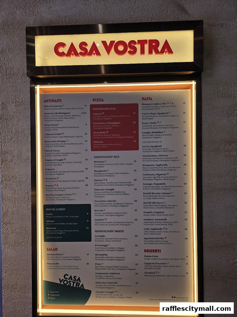A brightly lit menu board for Casa Vostra, showcasing antipasti, pizza, pasta, and desserts.