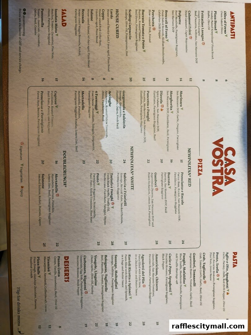 A menu from Casa Vostra featuring antipasti, salads, pizzas, pasta, and desserts.