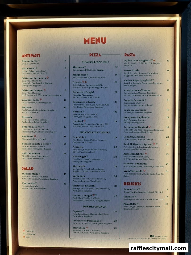 A menu for Casa Vostra, featuring Antipasti, Pizza, Pasta, Salad, and Desserts with prices.