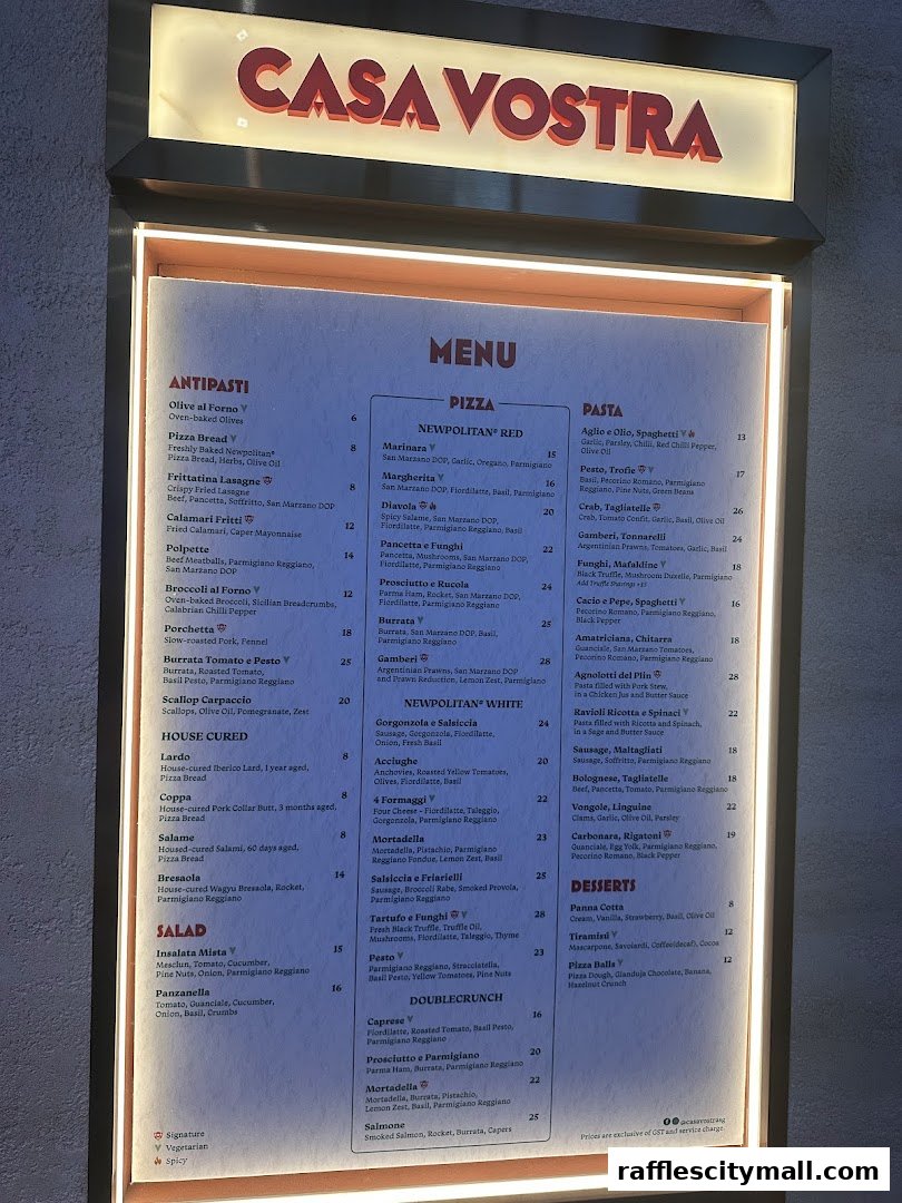 A menu board for Casa Vostra restaurant, displaying pizzas, pastas, antipasti, salads, and desserts.