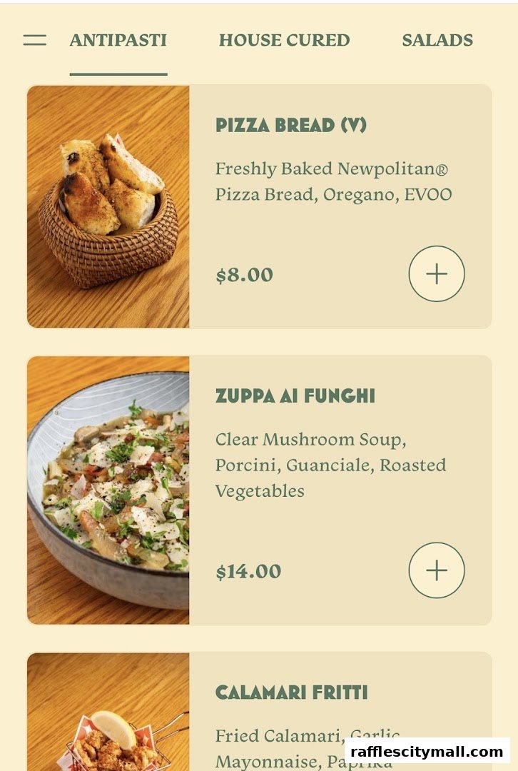 A digital menu showcasing Italian dishes with enticing descriptions and prices.