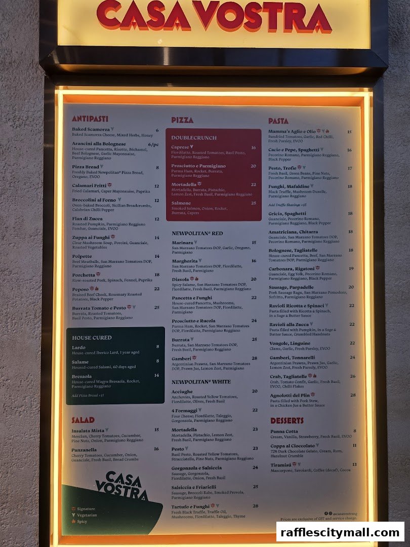 A brightly lit menu board for Casa Vostra, showcasing Italian dishes like antipasti, pizza, pasta, and desserts.