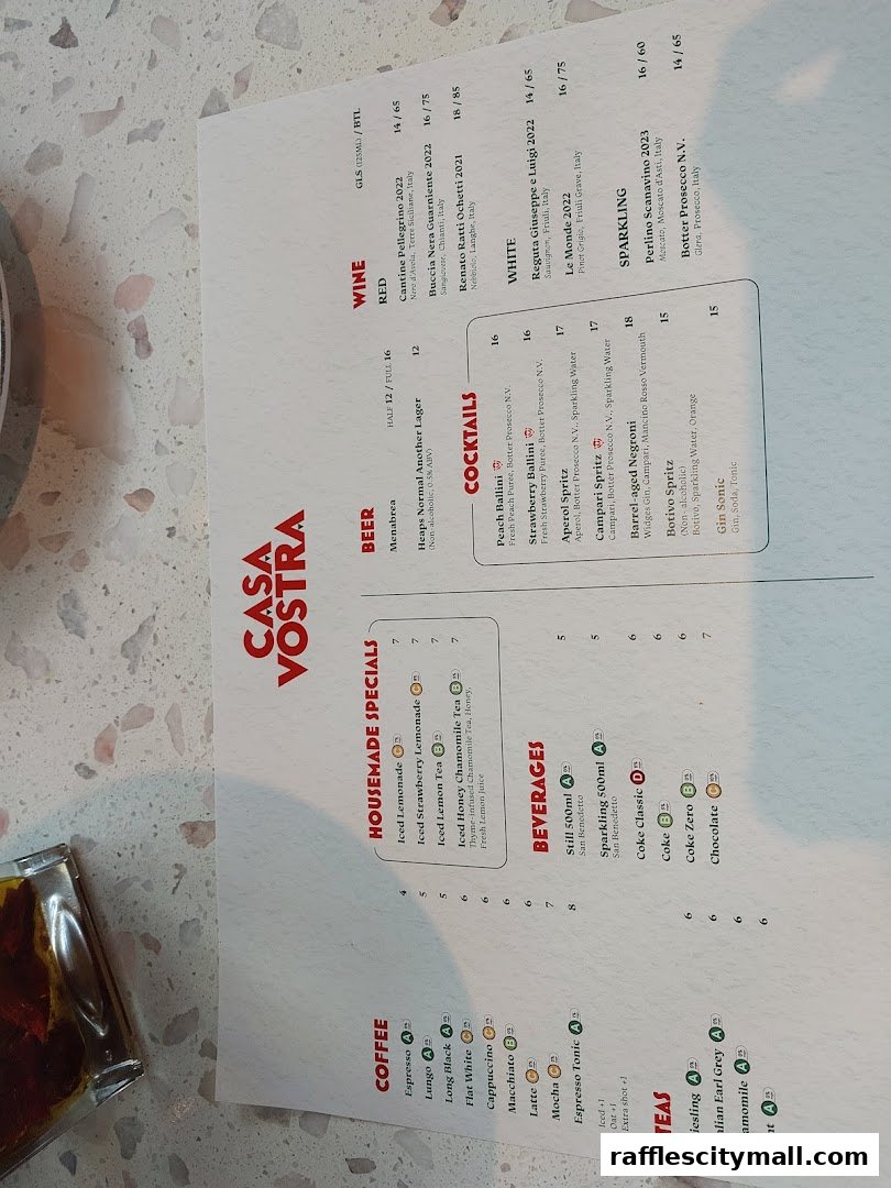 A menu from Casa Vostra featuring coffee, homemade specials, beer, wine, cocktails, beverages, and teas.