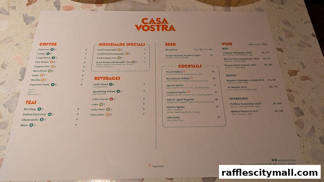 A menu from Casa Vostra featuring coffee, teas, housemade specials, beverages, beer, cocktails, and wine.