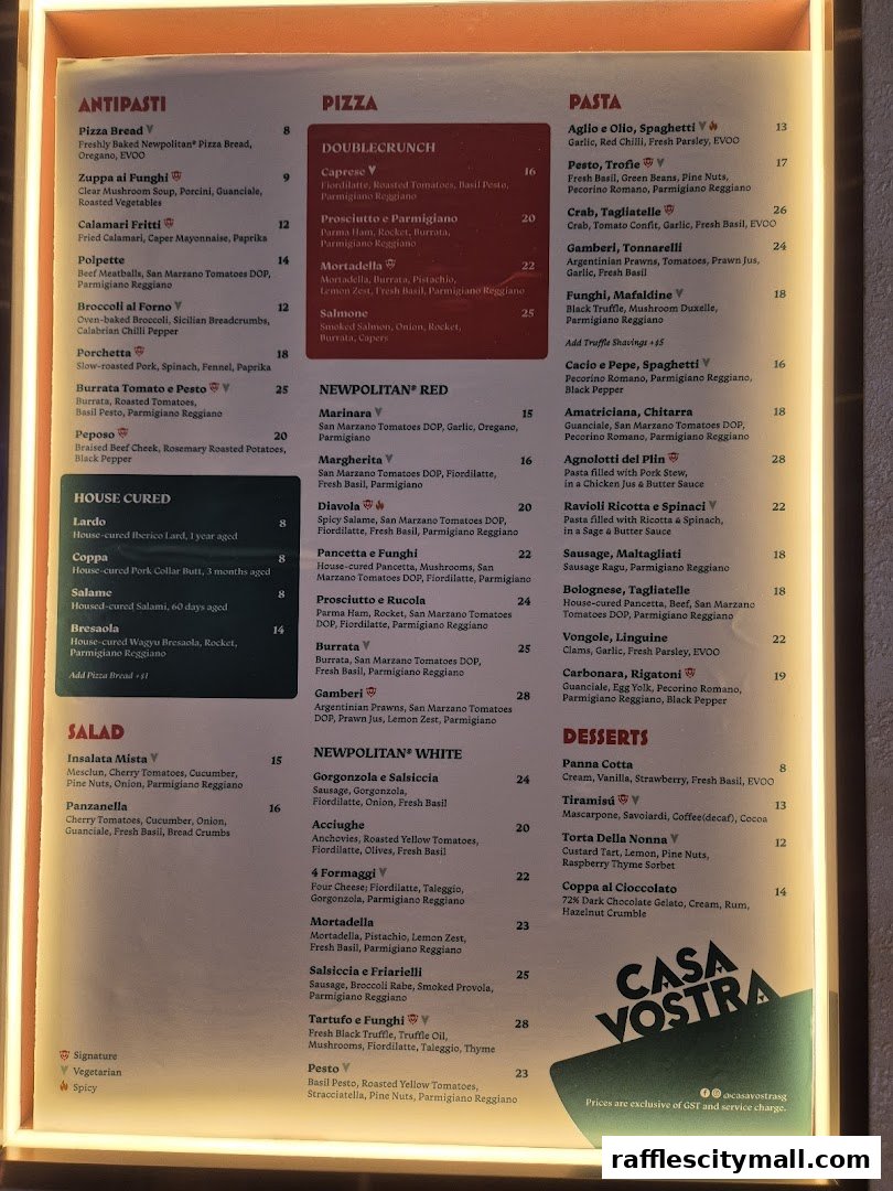 A menu for Casa Vostra restaurant featuring antipasti, pizza, pasta, salad, and desserts.