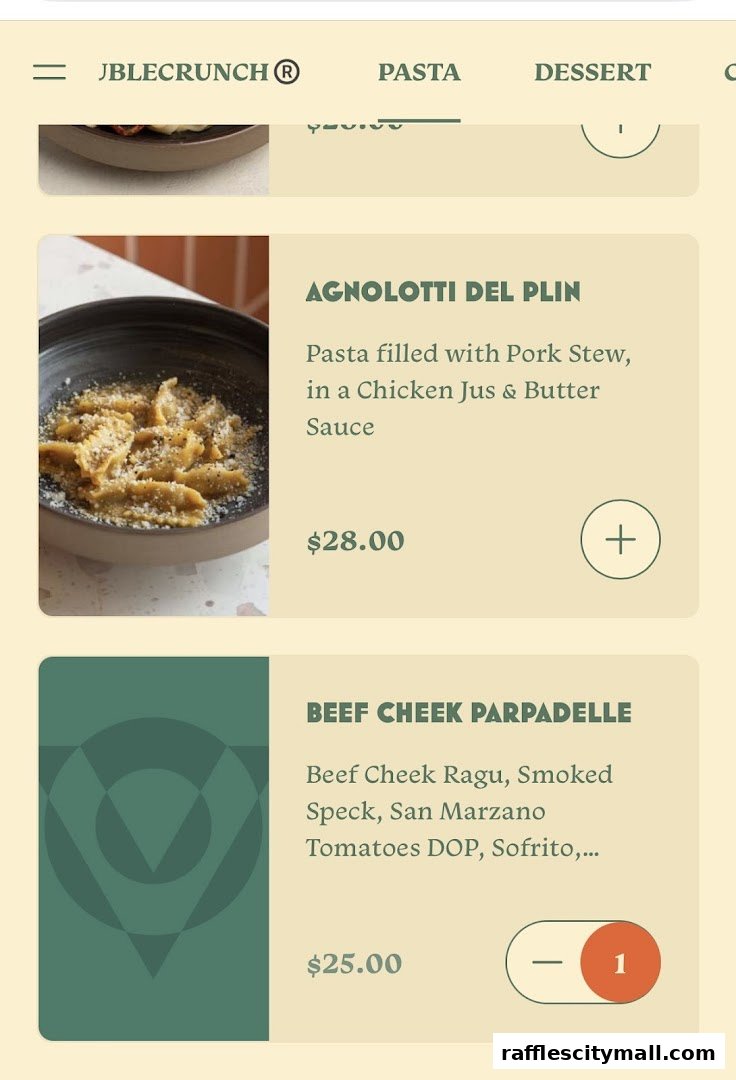 A digital menu displaying pasta dishes with descriptions and prices.