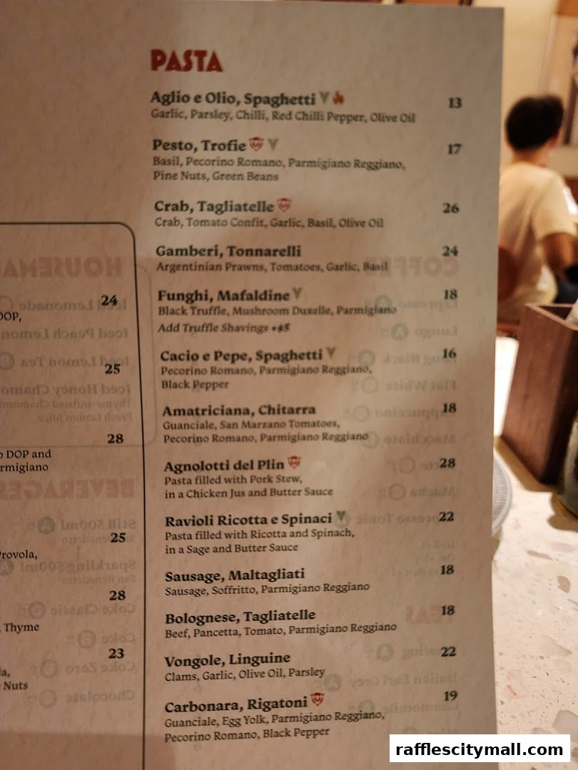 A menu from Casa Vostra featuring a selection of pasta dishes with ingredients and prices.