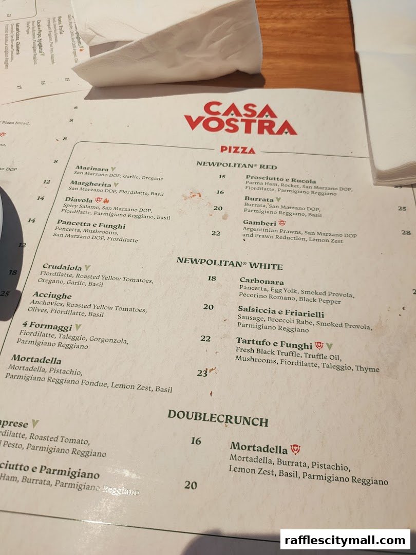 A menu from Casa Vostra featuring Neapolitan pizzas with various toppings and prices.