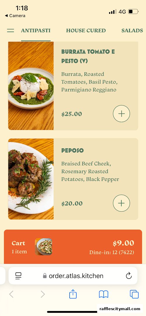 A digital menu displaying two dishes: Burrata Tomato e Pesto and Peposo.