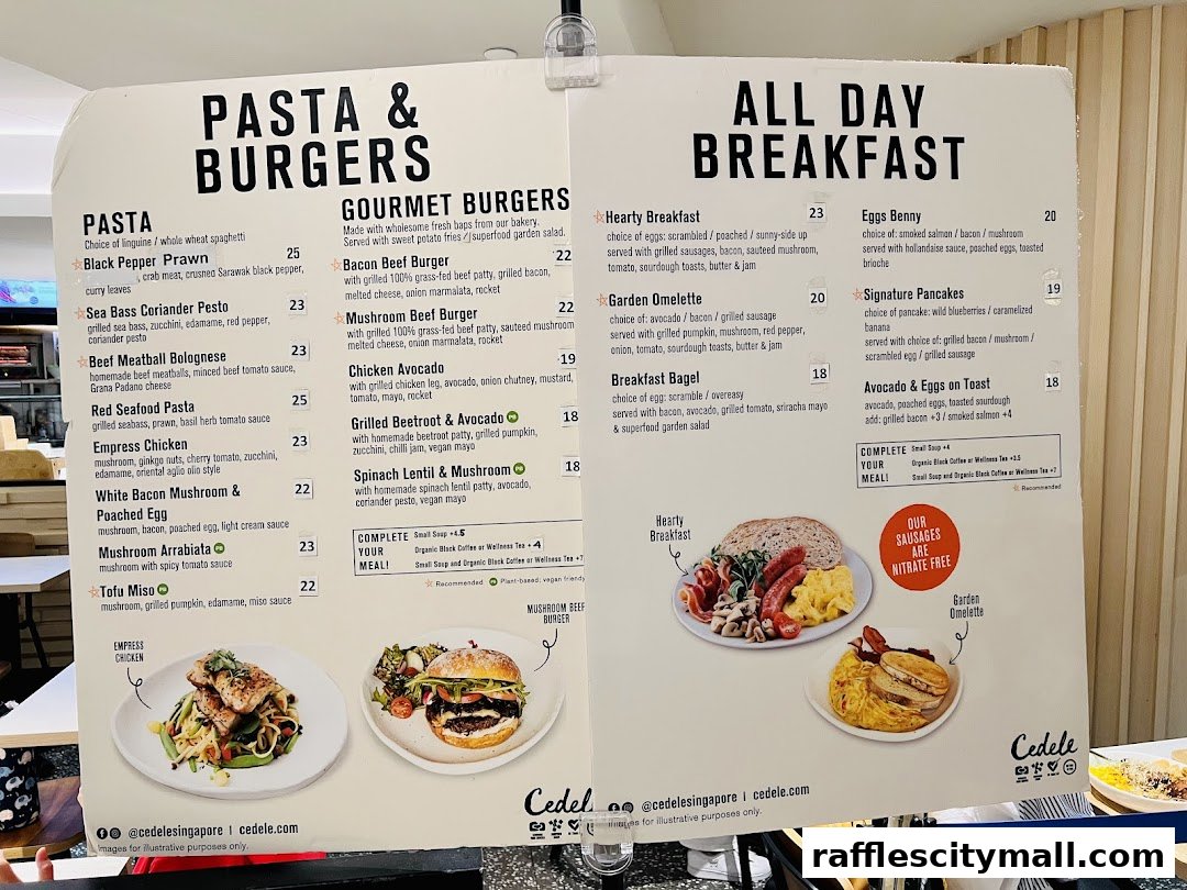 A menu from Cedele Bakery Kitchen featuring pasta, burgers, and all-day breakfast items.