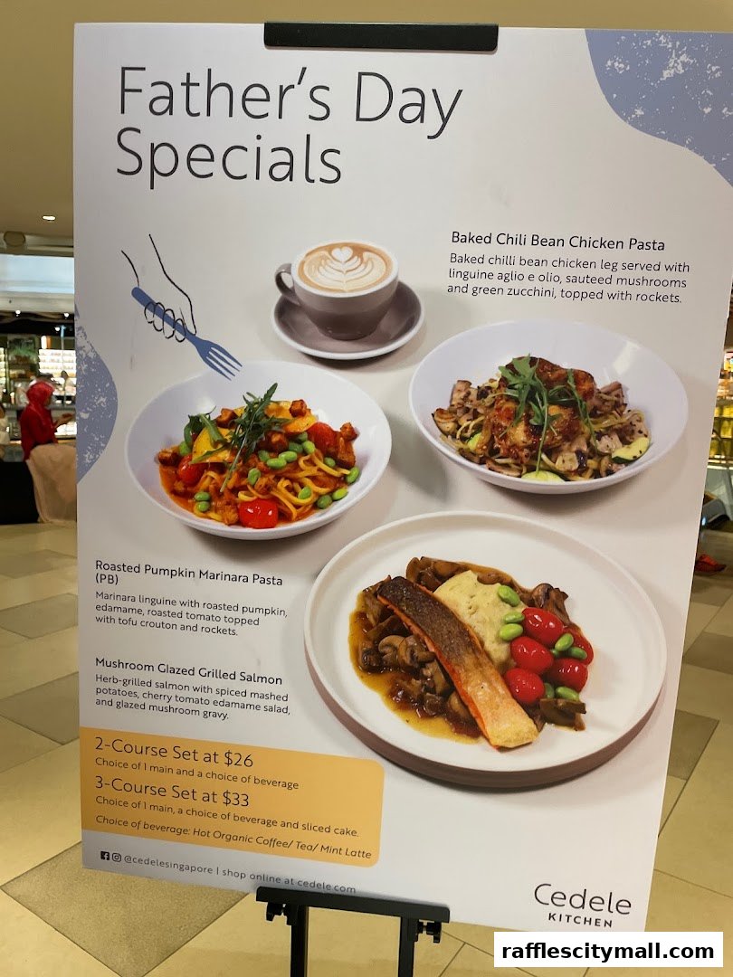 A sign advertising Father's Day specials with images of three pasta and salmon dishes.