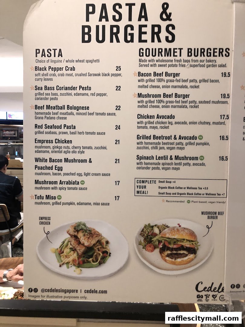 A menu board displaying pasta and gourmet burger options with enticing descriptions and prices.