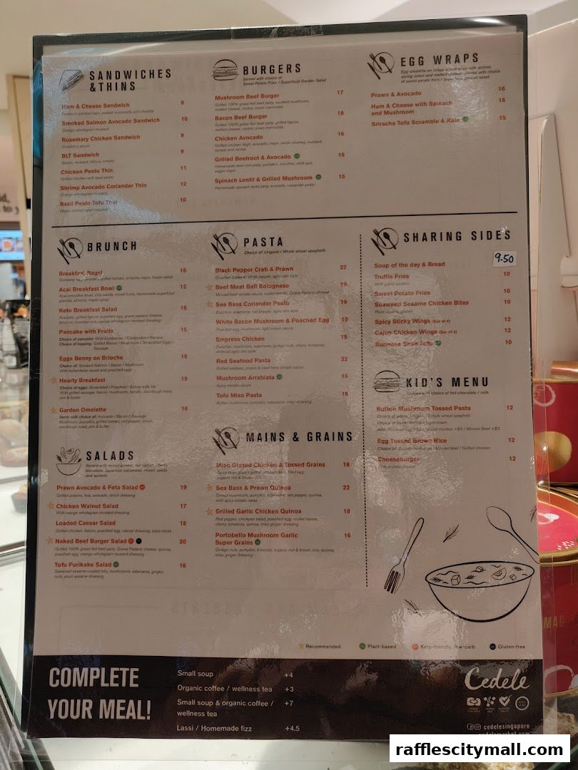 A menu from Cedele Bakery Kitchen featuring sandwiches, burgers, pasta, salads, and sharing sides.