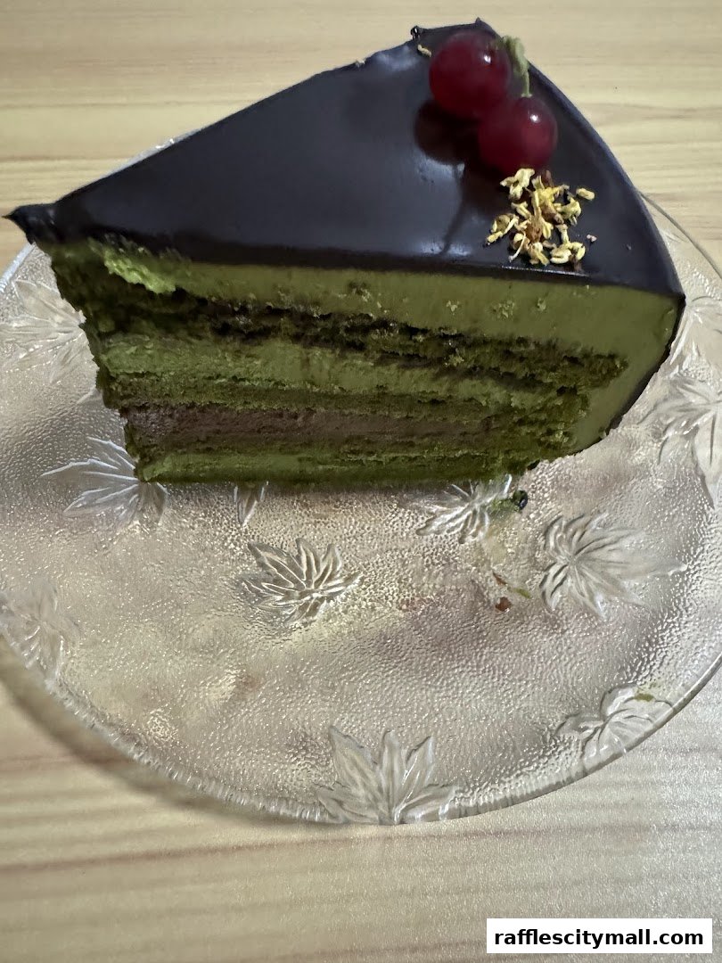 A slice of layered matcha and chocolate cake with dark chocolate glaze and berries.