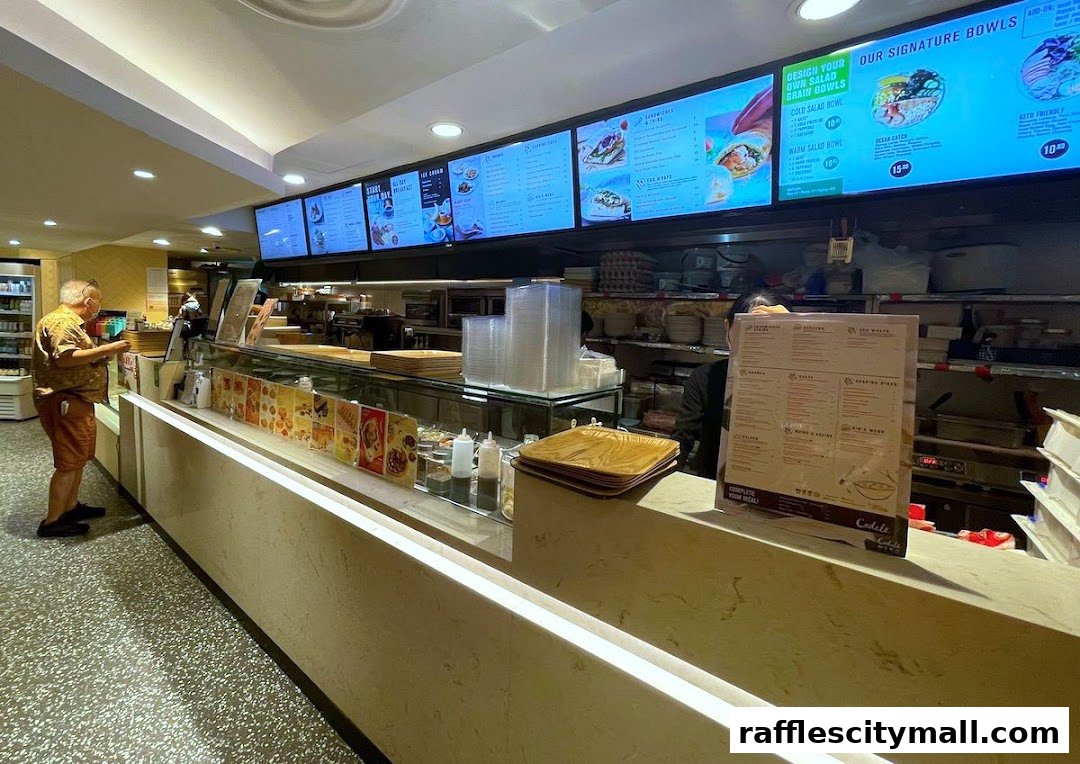 A customer stands at the counter of Cedele Bakery Kitchen, looking at digital menus above the food preparation area.