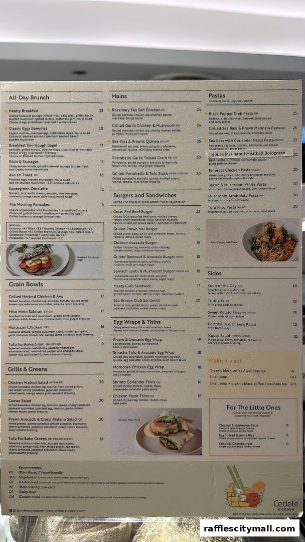 A menu from Cedele Bakery Kitchen featuring a variety of brunch, mains, pastas, burgers, wraps, and sides.