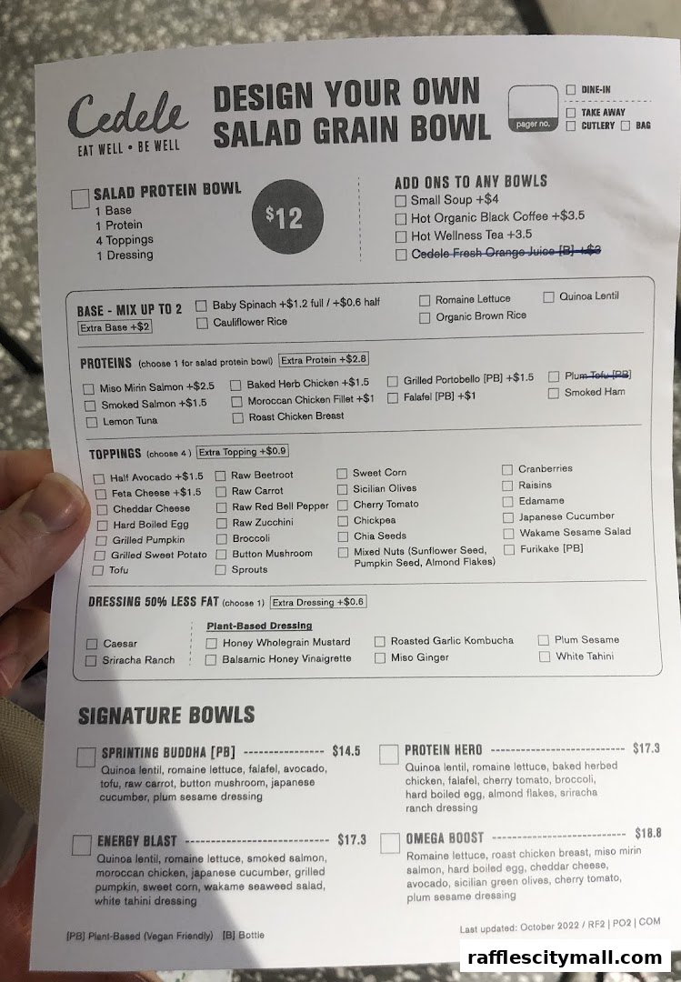 A menu for Cedele Bakery Kitchen showing options to design your own salad or grain bowl.