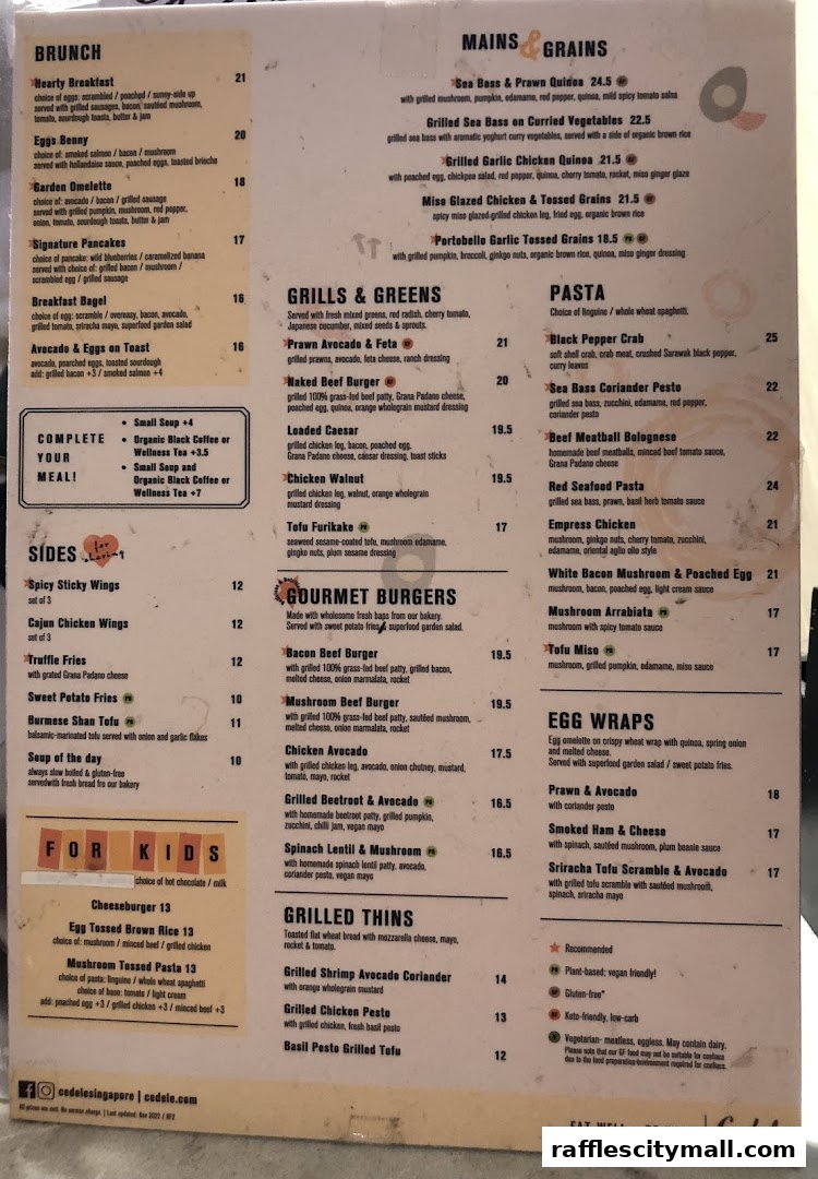 A menu from Cedele Bakery Kitchen featuring brunch, mains, grains, pasta, grills, sides, gourmet burgers, egg wraps, and grilled thins.