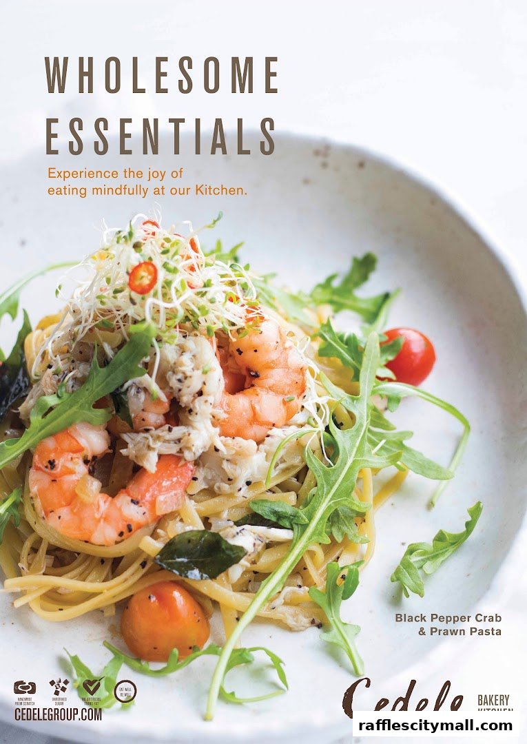 A close-up of Black Pepper Crab & Prawn Pasta with fresh ingredients, promoting wholesome eating.