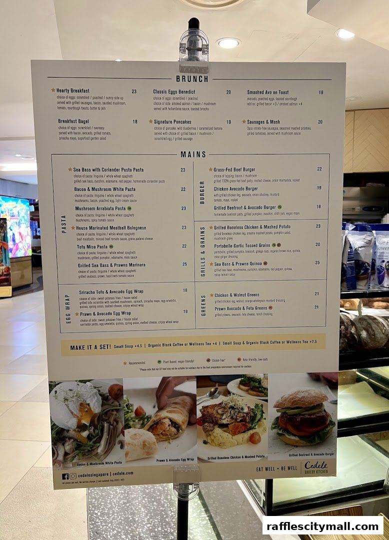 A menu board from Cedele Bakery Kitchen featuring brunch and main courses with prices.