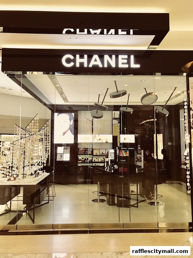 The elegant storefront of a Chanel boutique, showcasing makeup and fragrances.