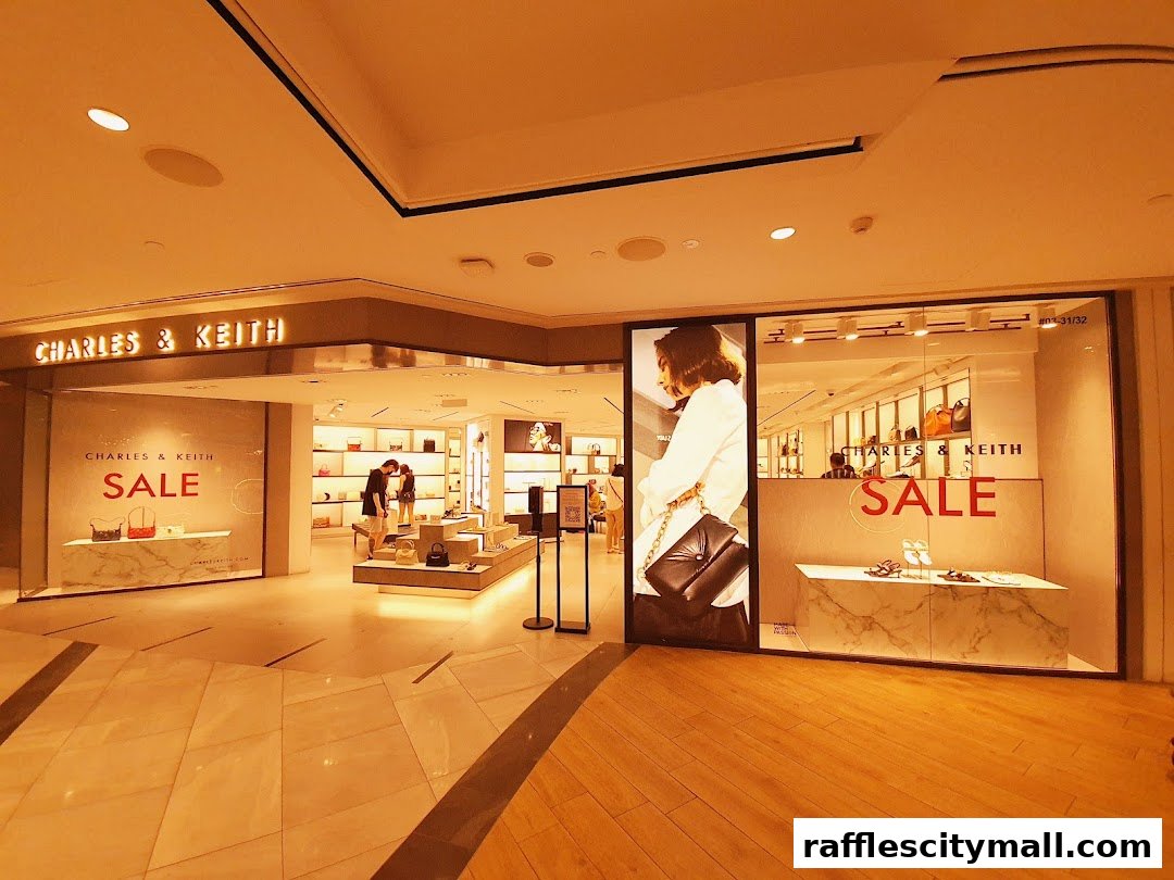 The Charles & Keith store features a large display window with a sale advertisement and stylish handbags.