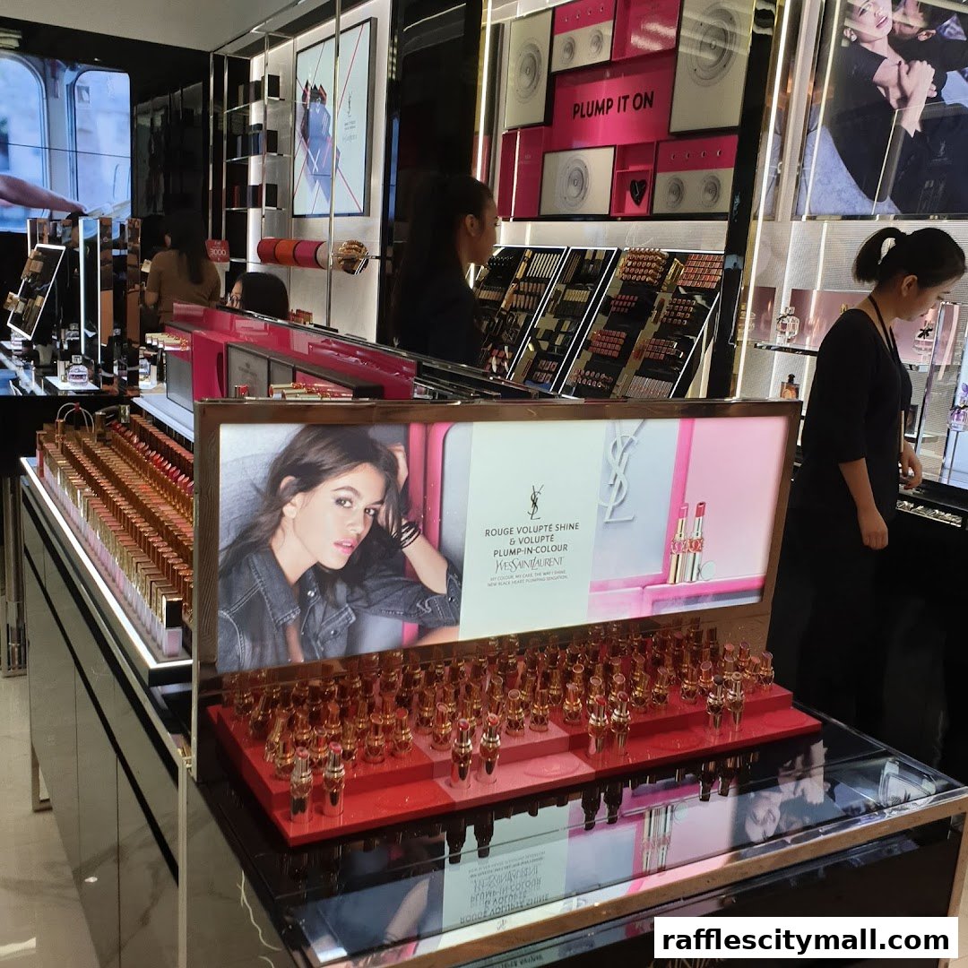 Interior of a cosmetics store with displays of lipsticks and makeup.
