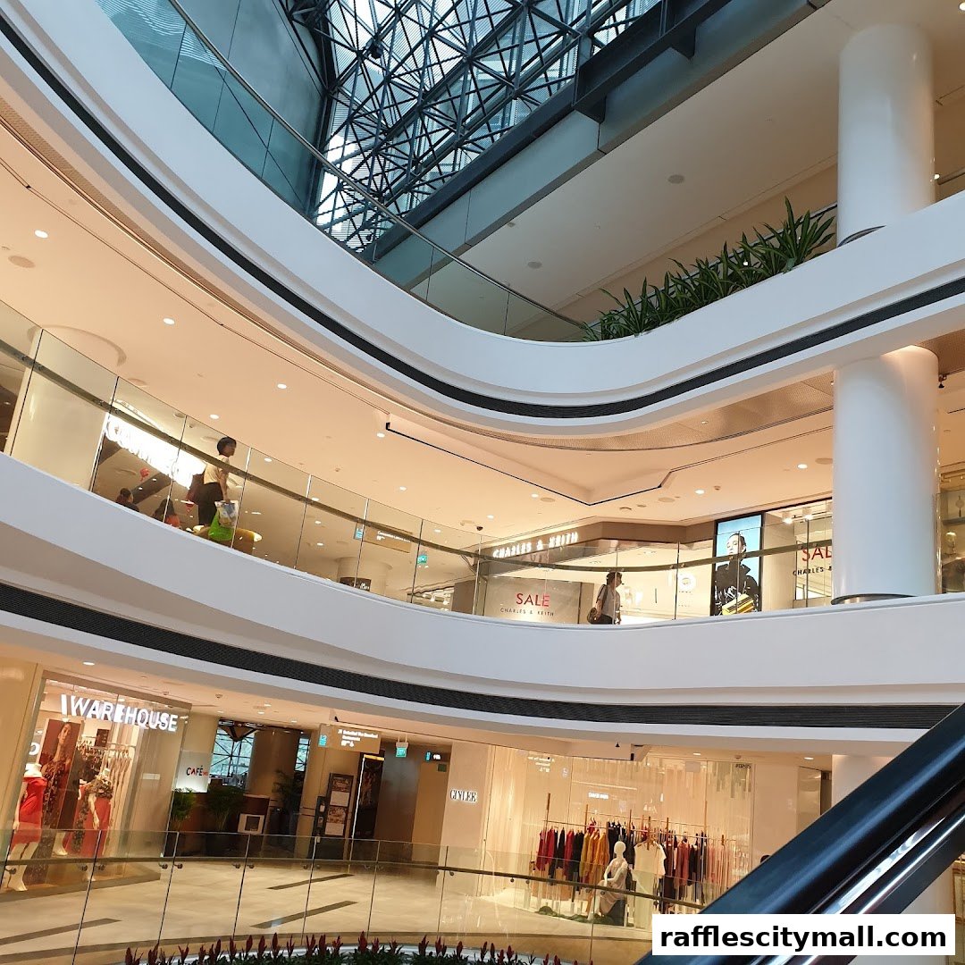 Interior view of a modern shopping mall with multiple levels and shops.