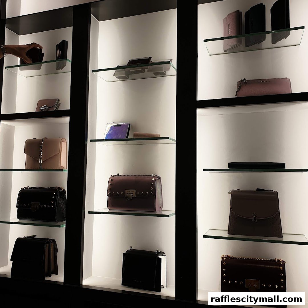A display of various handbags and wallets on shelves in a retail store.