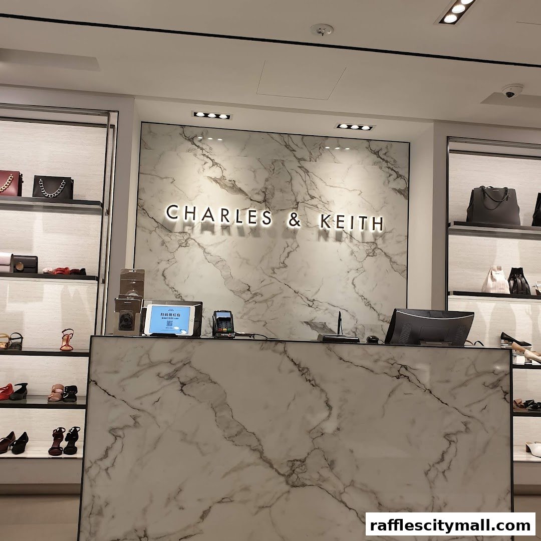 The Charles & Keith store counter with the brand logo and displays of shoes and bags.