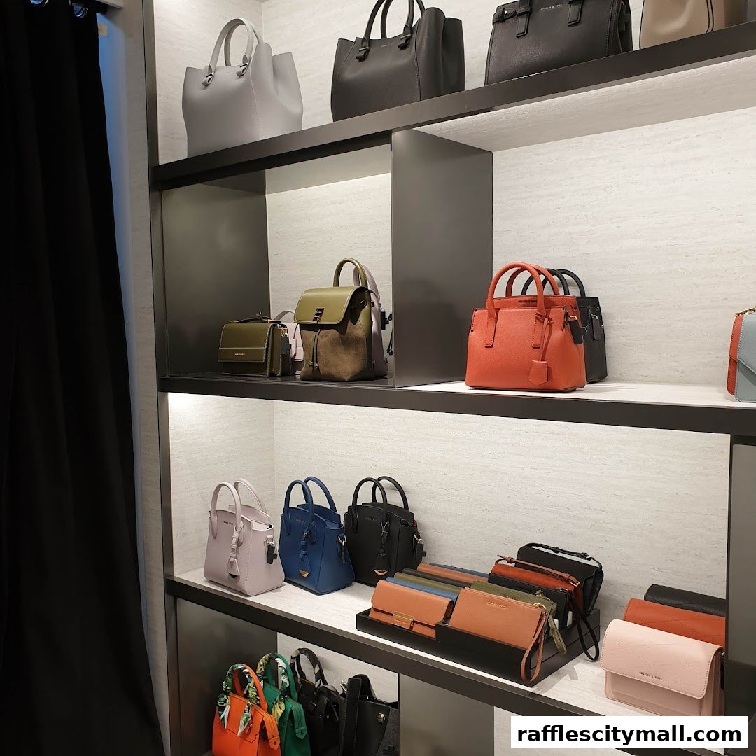 A display of various handbags and wallets on shelves in a retail store.