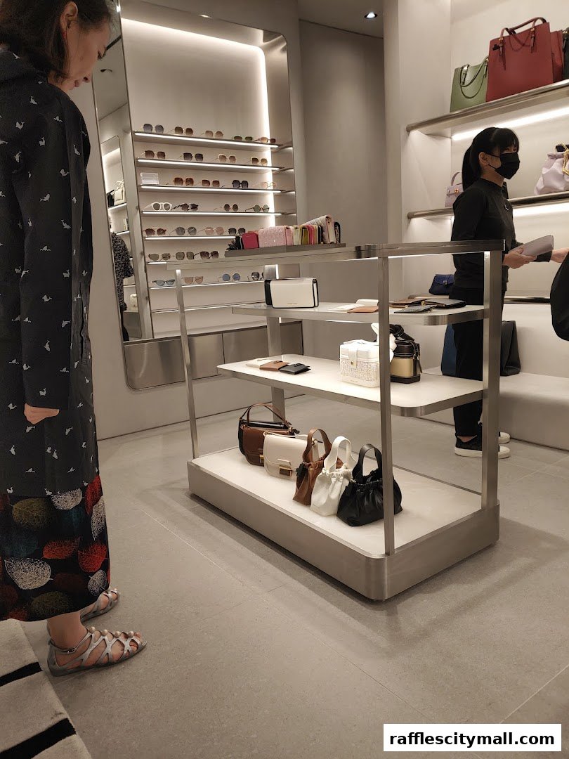 Customers browse stylish handbags and sunglasses in a well-lit CHARLES & KEITH store.
