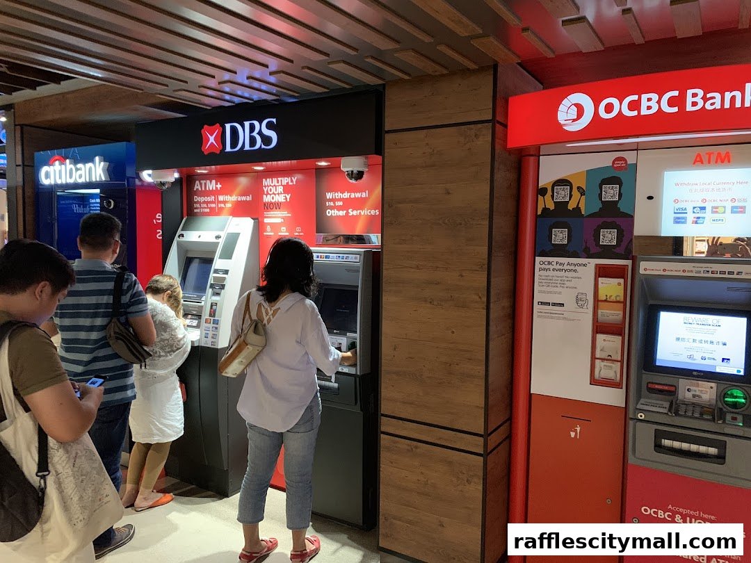 People using ATMs from different banks like Citibank, DBS, and OCBC.