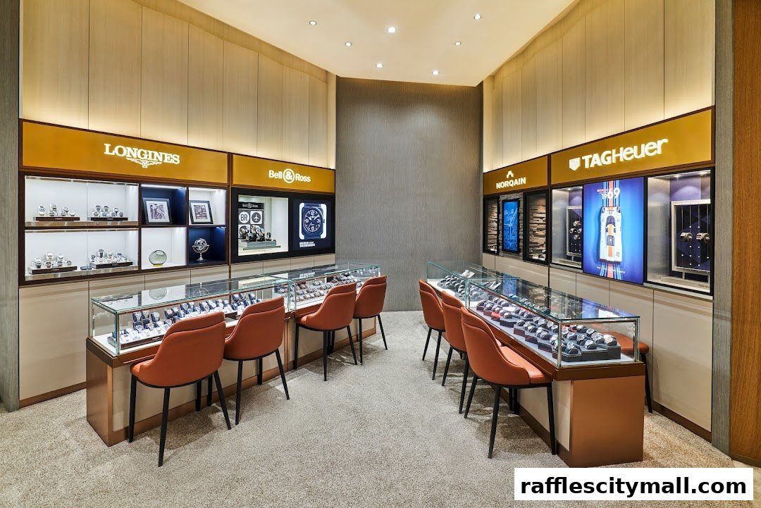 Interior of a luxury watch store showcasing brands like Longines, Bell & Ross, Norqain, and TAG Heuer.