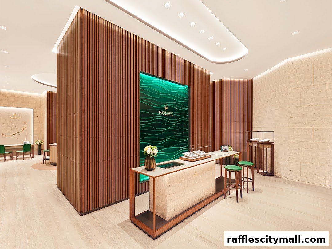 Interior of a luxurious Rolex boutique with wooden paneling and display cases.