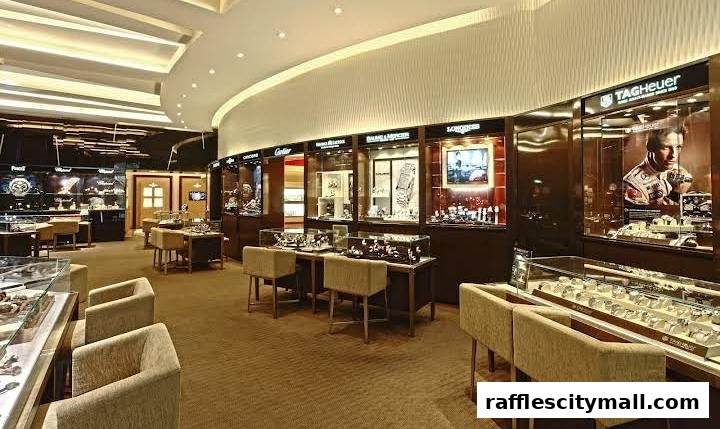 Interior view of a luxury watch store with display cases filled with watches and seating areas.