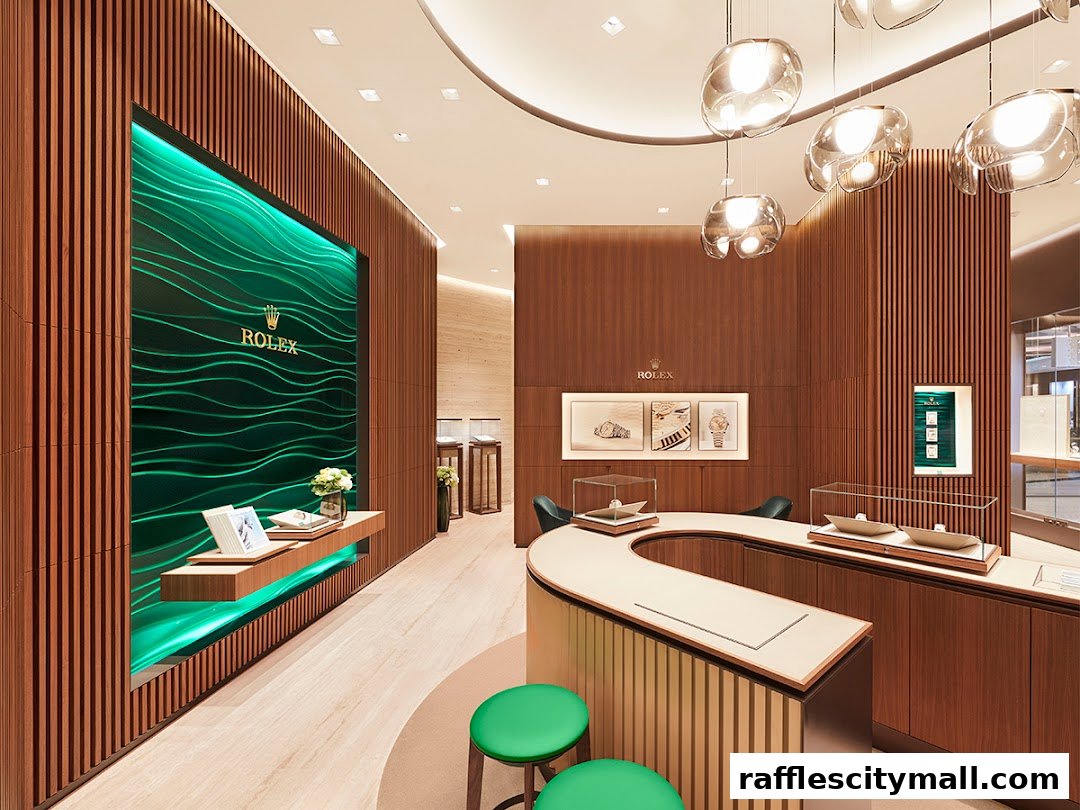 Interior of a luxurious Rolex boutique with elegant displays and modern lighting.