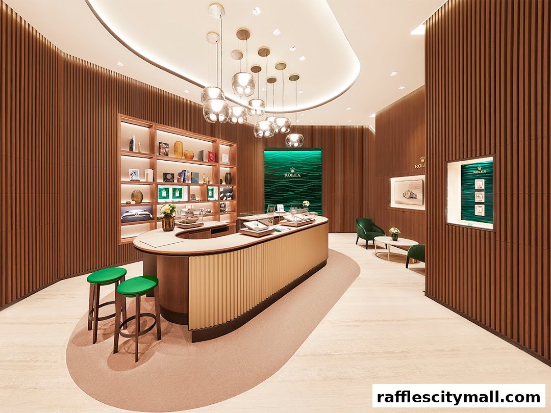 Interior of a luxurious Rolex boutique with a curved counter, display shelves, and seating.