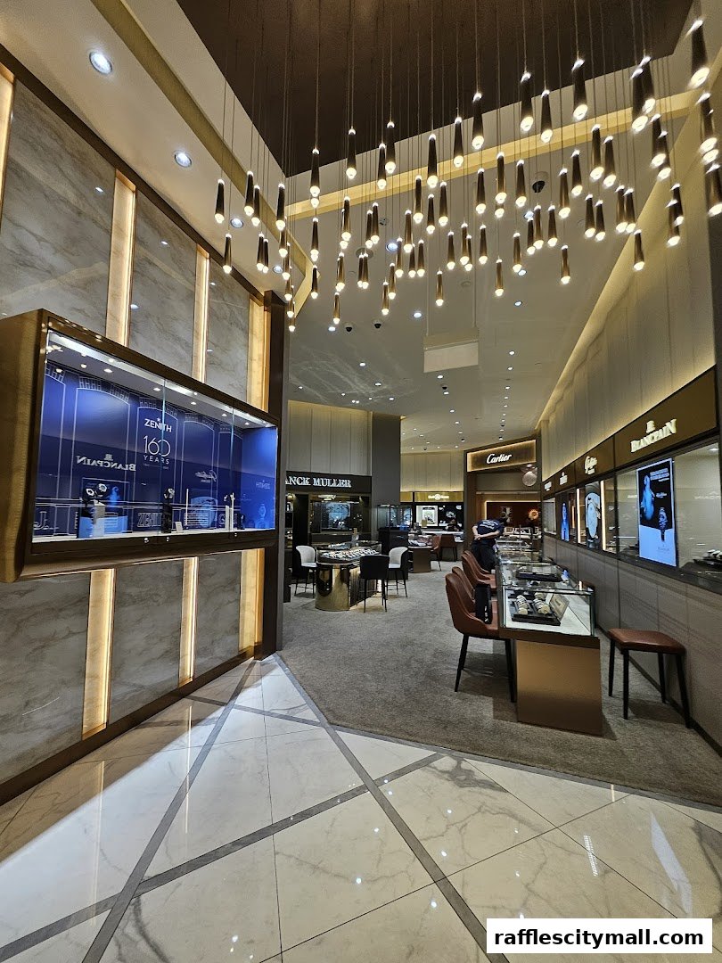 Interior view of a luxury watch retailer with display cases and seating areas.