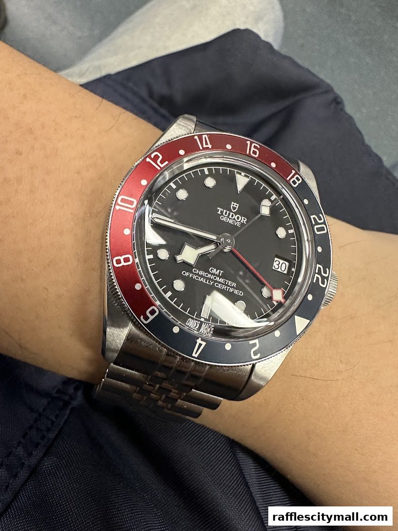 A close-up shot of a Tudor GMT watch with a red and blue bezel on a person's wrist.