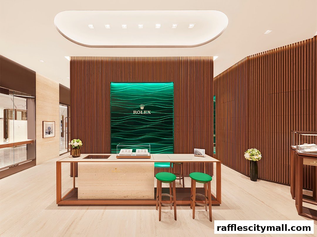 Interior of a luxurious Rolex boutique with a modern reception desk and elegant wood paneling.